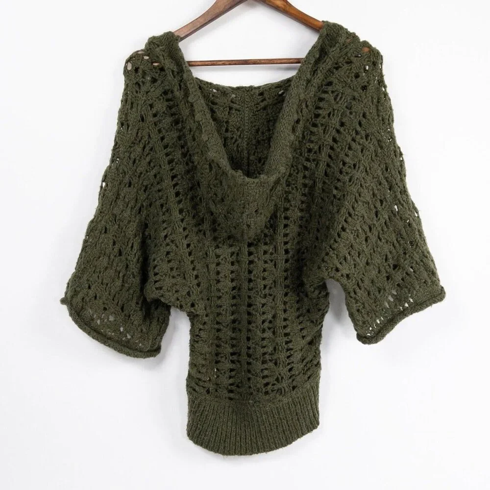 Free People Green Alpaca Mohair Blend Knit Pullover Button Hooded Sweater Small - Picture 2 of 8